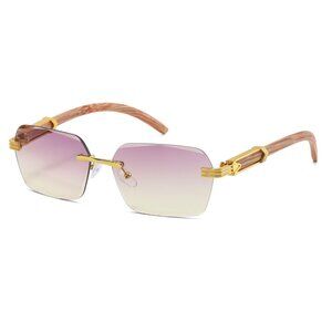 Men Sunglasses Hip Hop Shades Metal Gold Rimless Rapper Square Pink‎ Yellow Lens